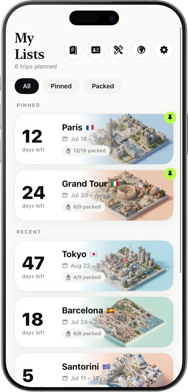 Bavlo home — your trips as cards, each with its own miniature city scene and days-left countdown
