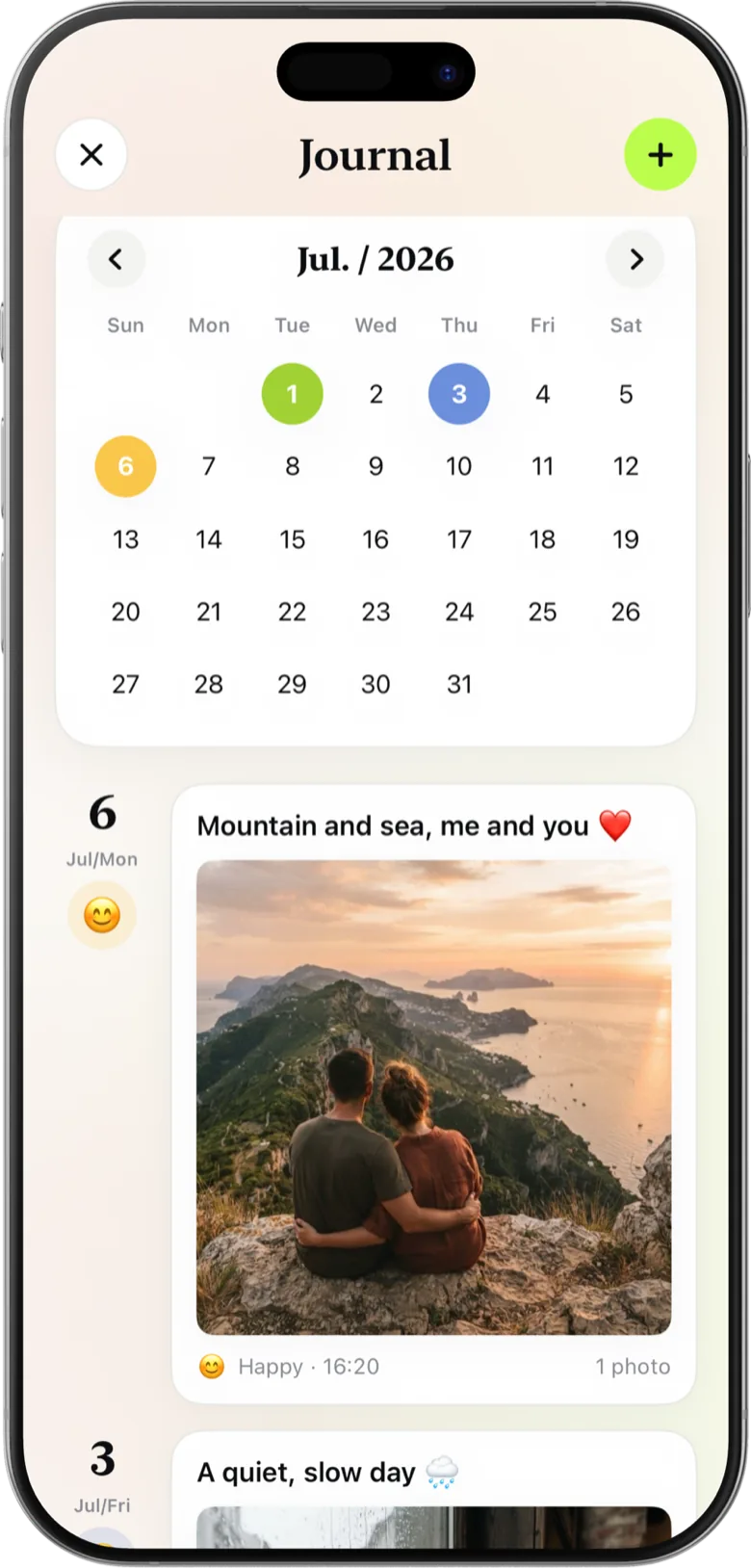 Bavlo journal — a mood calendar and photo entries from the road