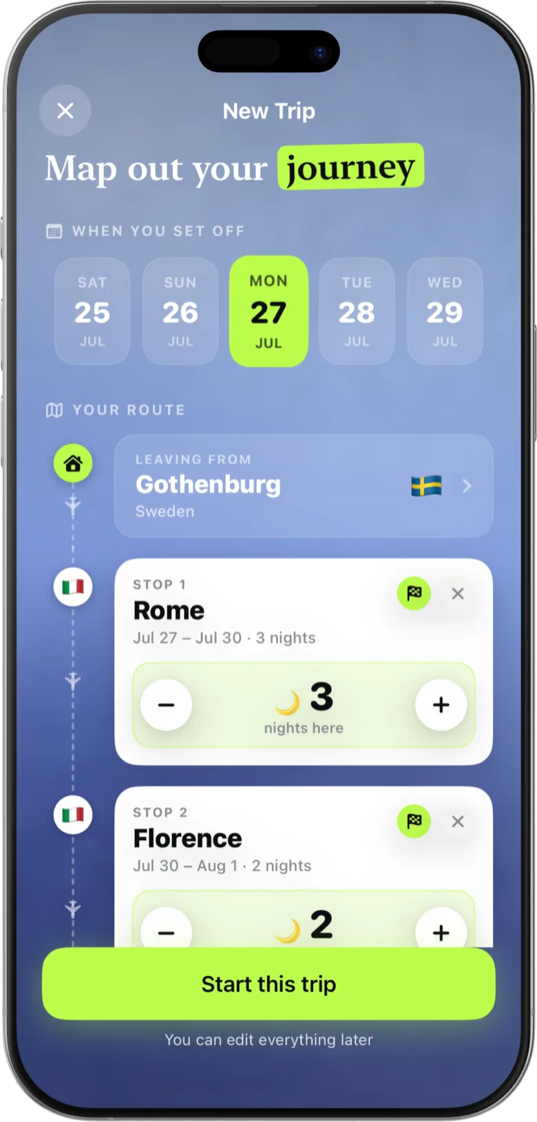 Bavlo journey builder — cities on a flight path with nights per stop and a departure calendar