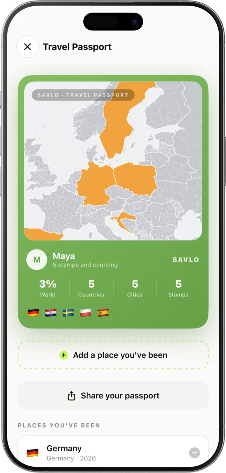 Bavlo travel passport — a world map with every visited country highlighted plus travel stats